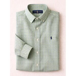 Ralph Lauren Button Down Shirt Kids XL Cotton Green Blue Gingham Plaid Preppy